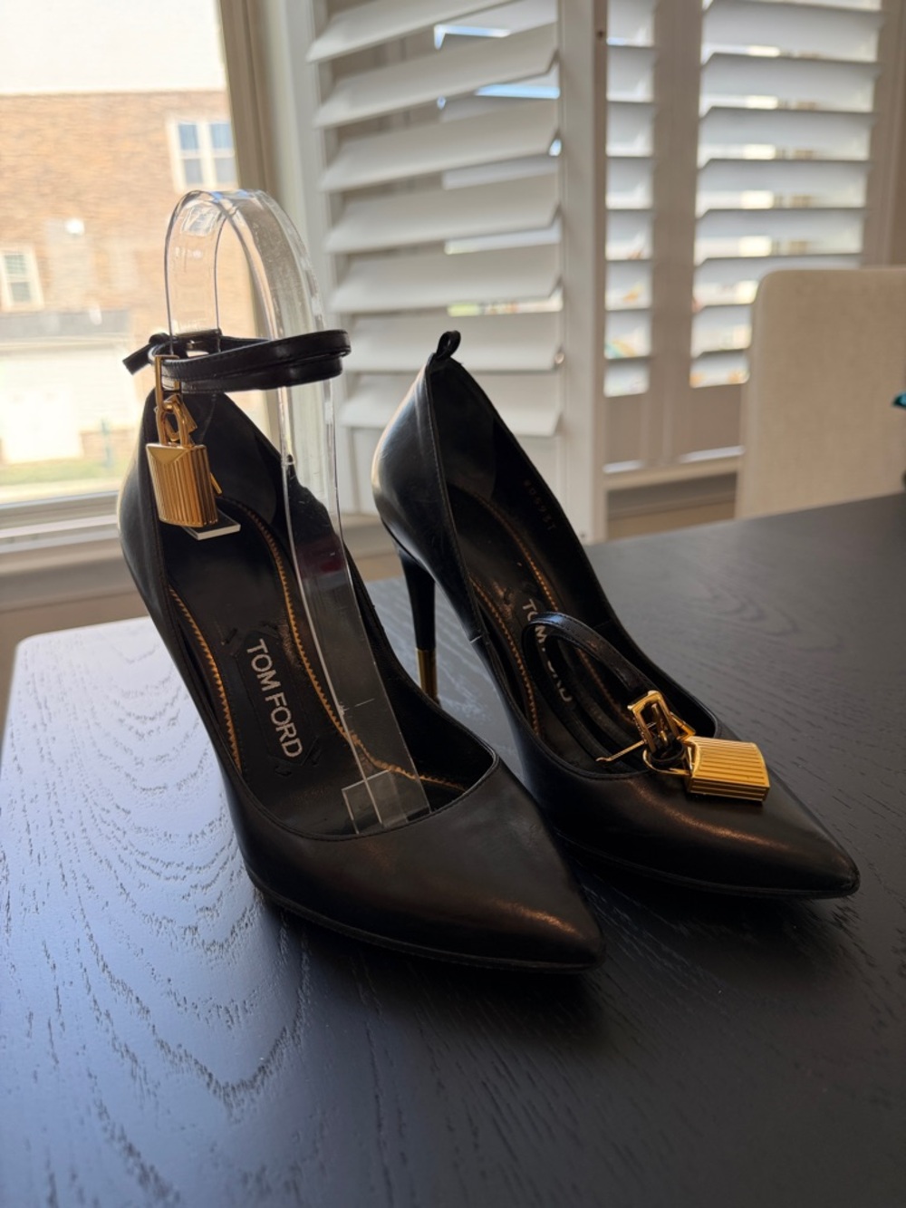 Tom Ford Black Leather Stiletto Pumps with Gold Padlock Charm
